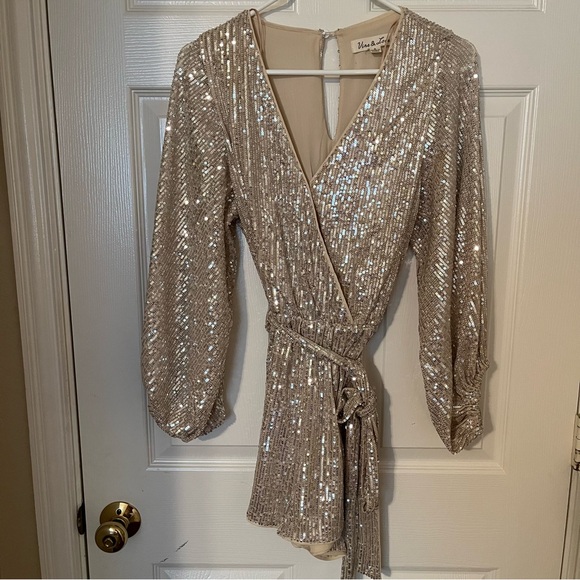 Vine & Love Pants - Vine & Love Gold Sequin Wrap Romper With Long Sleeves Size Small